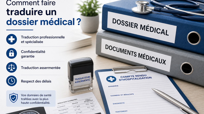 alt="Dossier médical ouvert sur un bureau — traduction assermentée de documents médicaux"